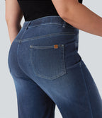 Jean droit décontracté délavé gainant taille haute grande taille avec poches Halara Flex™