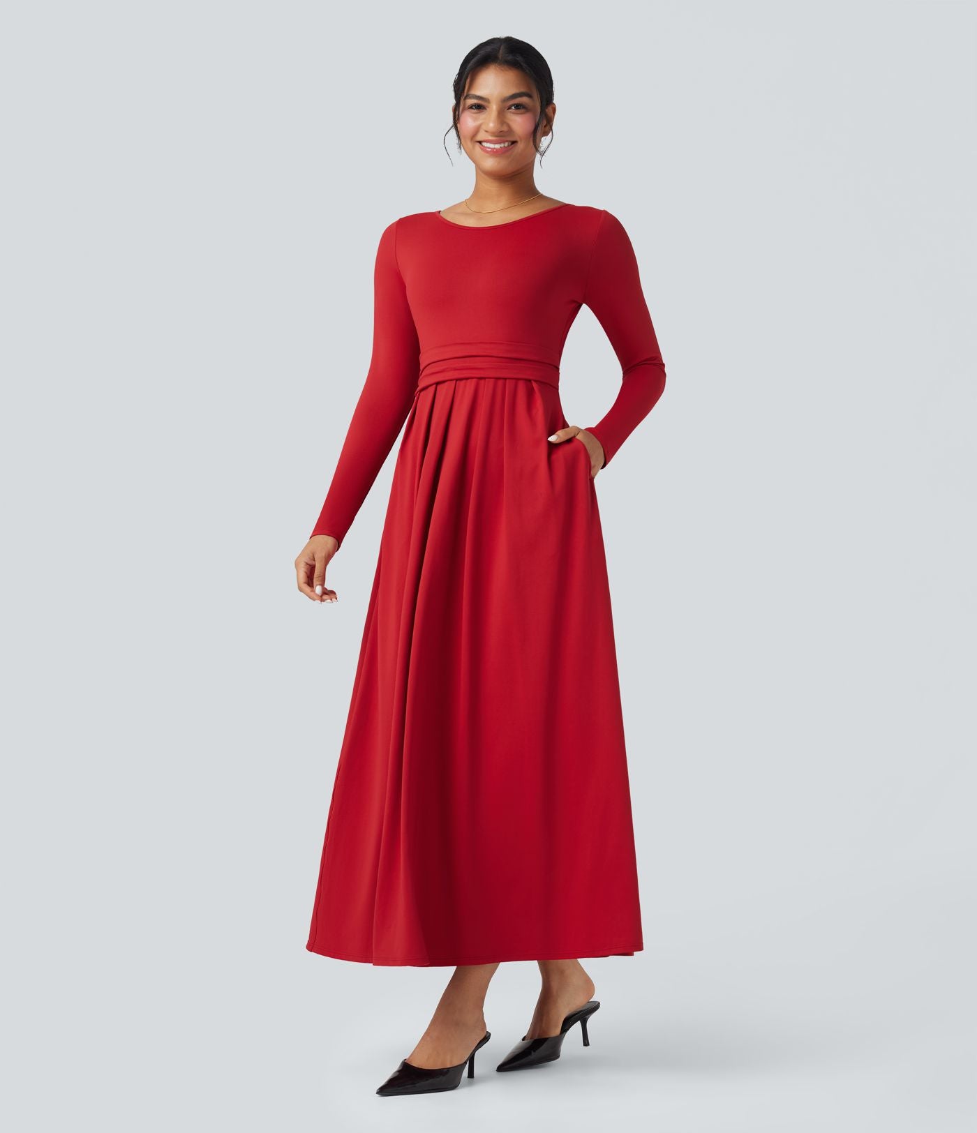 Robe longue décontractée évasée col rond plongeant manches longues avec poches