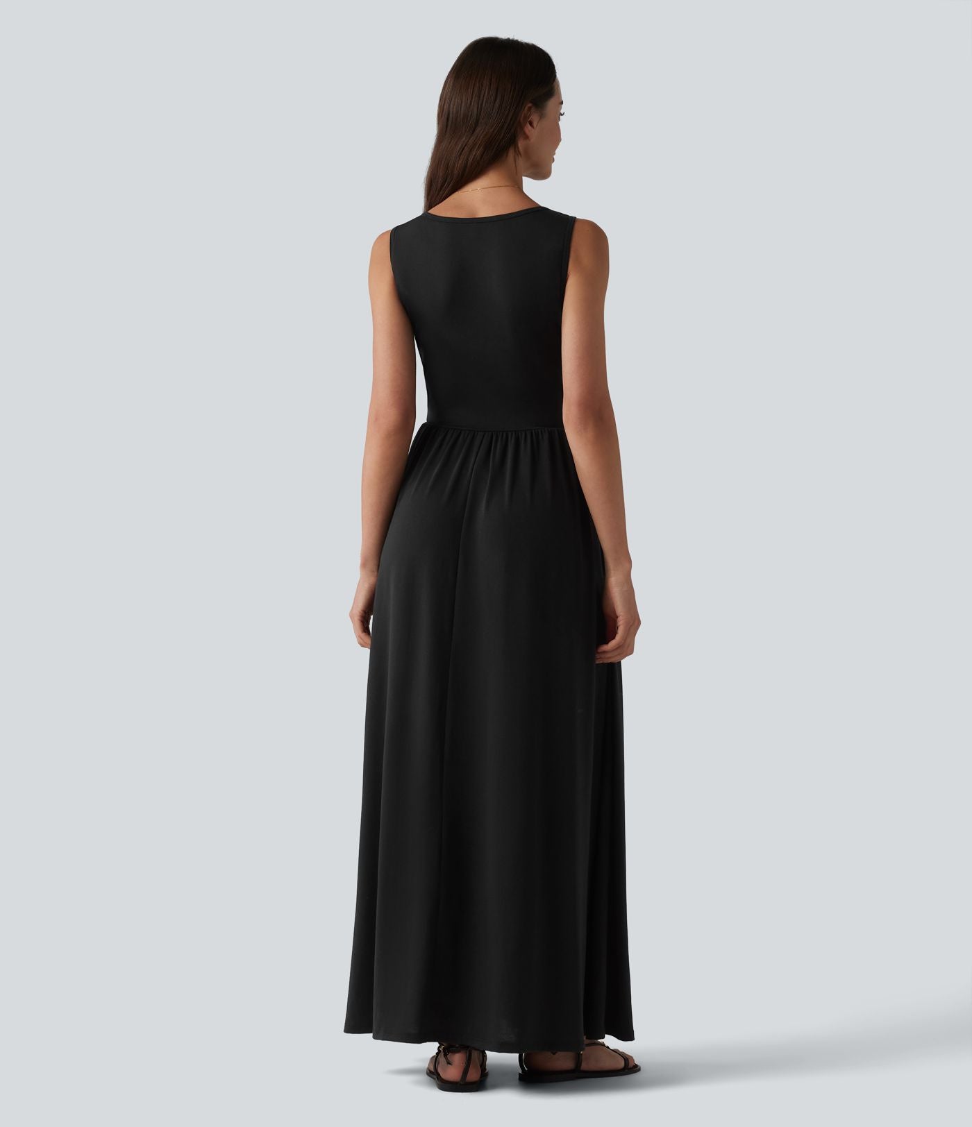 Robe longue fluide décontractée à col en U, sans manches et croisée, avec poches