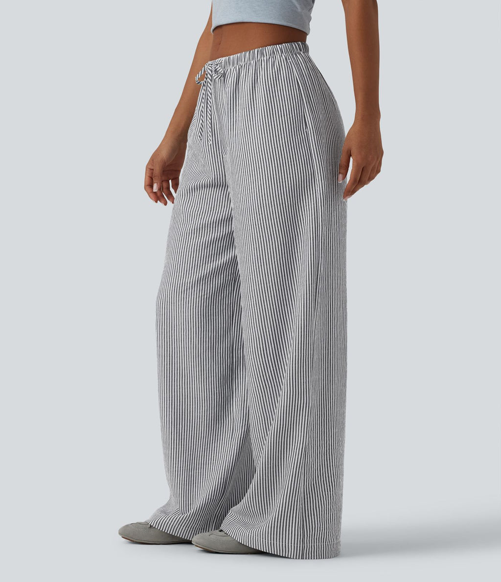 Pantalon large casual taille basse aspect lin rayures avec cordon de serrage et poches