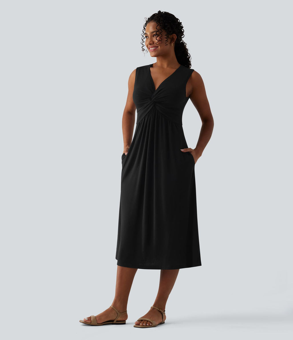 Robe midi évasée décontractée col V sans manches torsadée avec poches