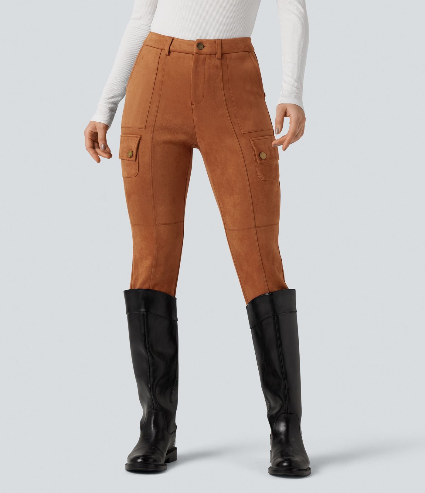 Pantalon cargo équestre en suède, taille haute, avec poches