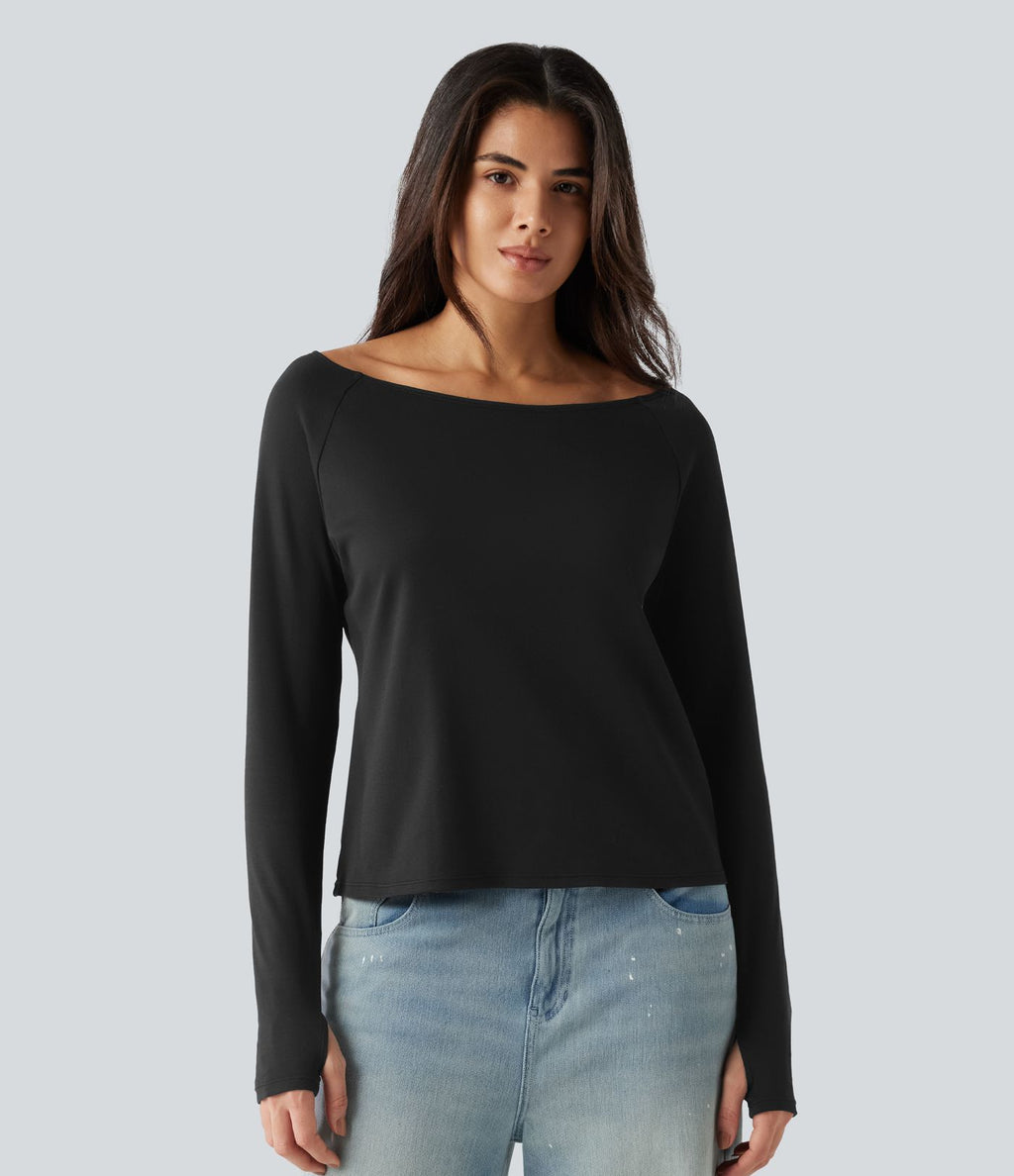 T-shirt en coton Pima à encolure bateau, manches longues et passe-pouces
