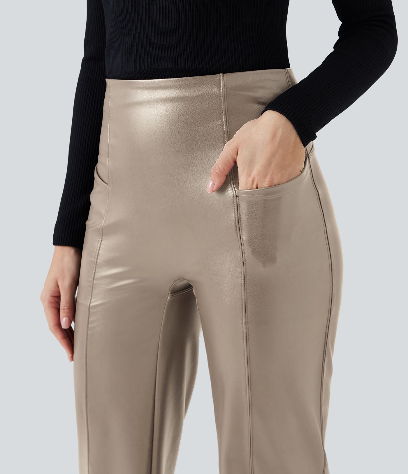 Pantalon similicuir évasé gainant taille haute stretch avec poches