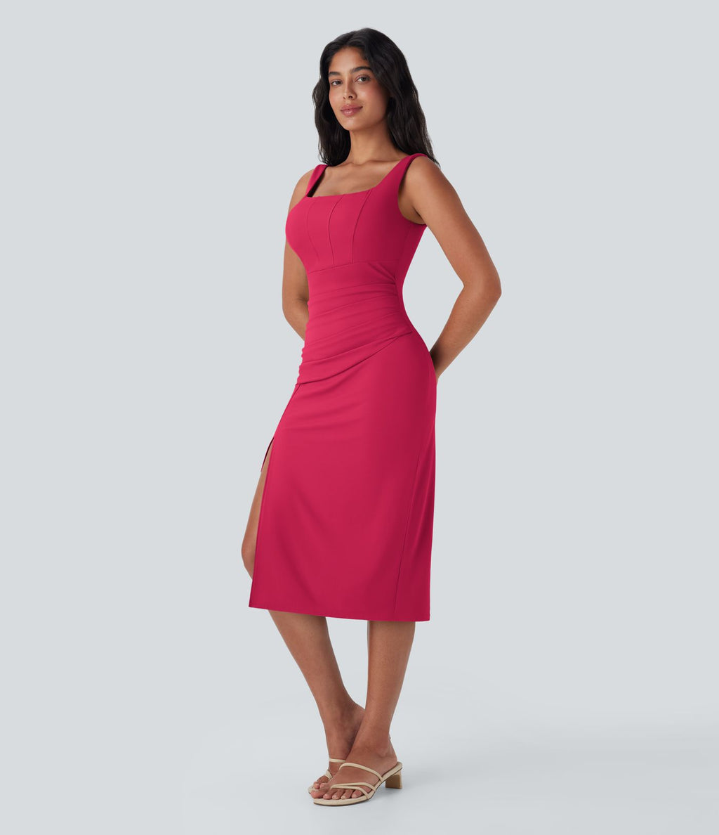 Robe moulante mi-longue SoftlyZero™ Airy col carré corset froncée effet frais InstantCool, bonnets E-G