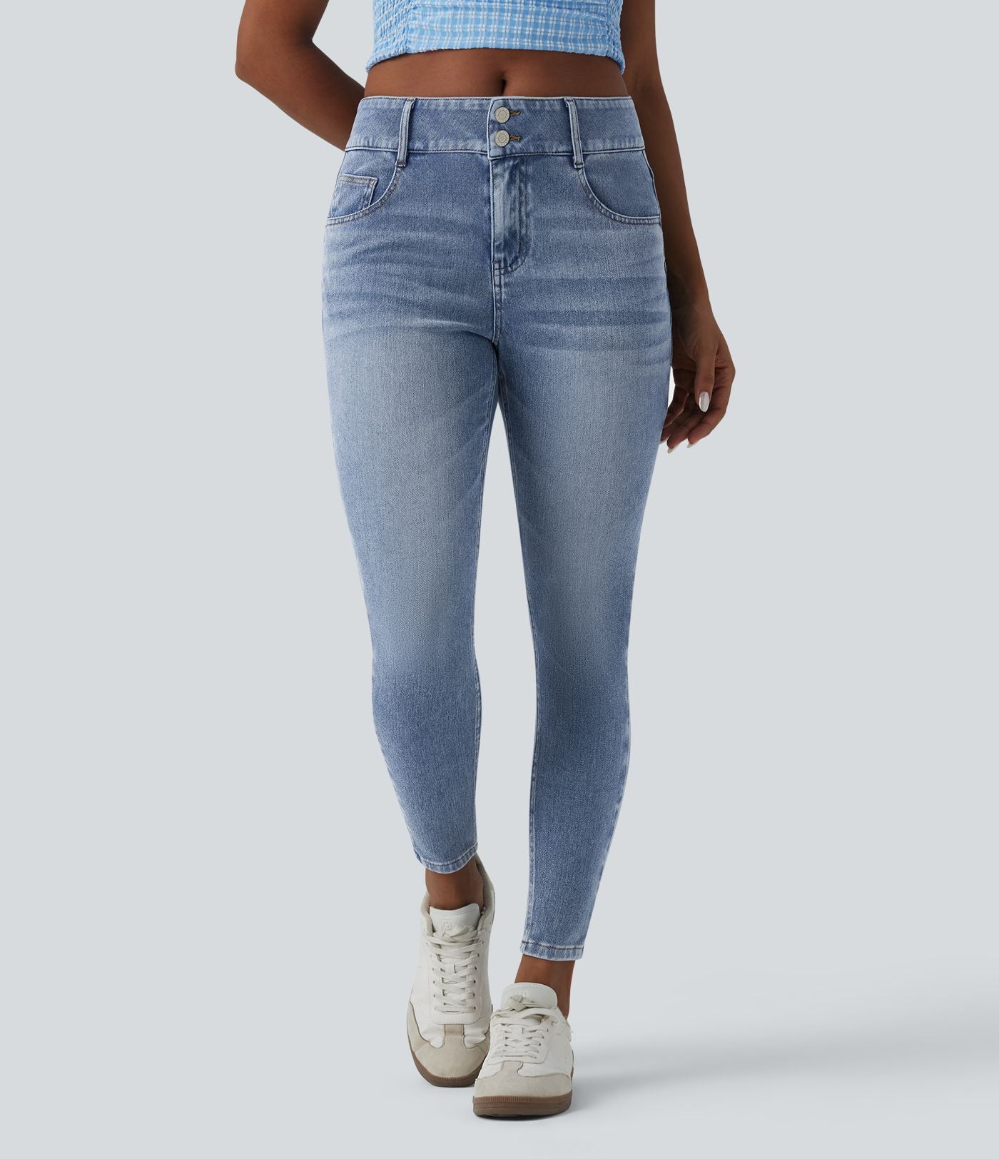 Halara Flex™ Jean skinny 7/8 casual taille mi-haute en lyocell drapé effet délavé, avec poches