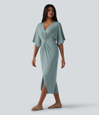 Robe midi col V manches chauve-souris ourlet tulipe torsadé