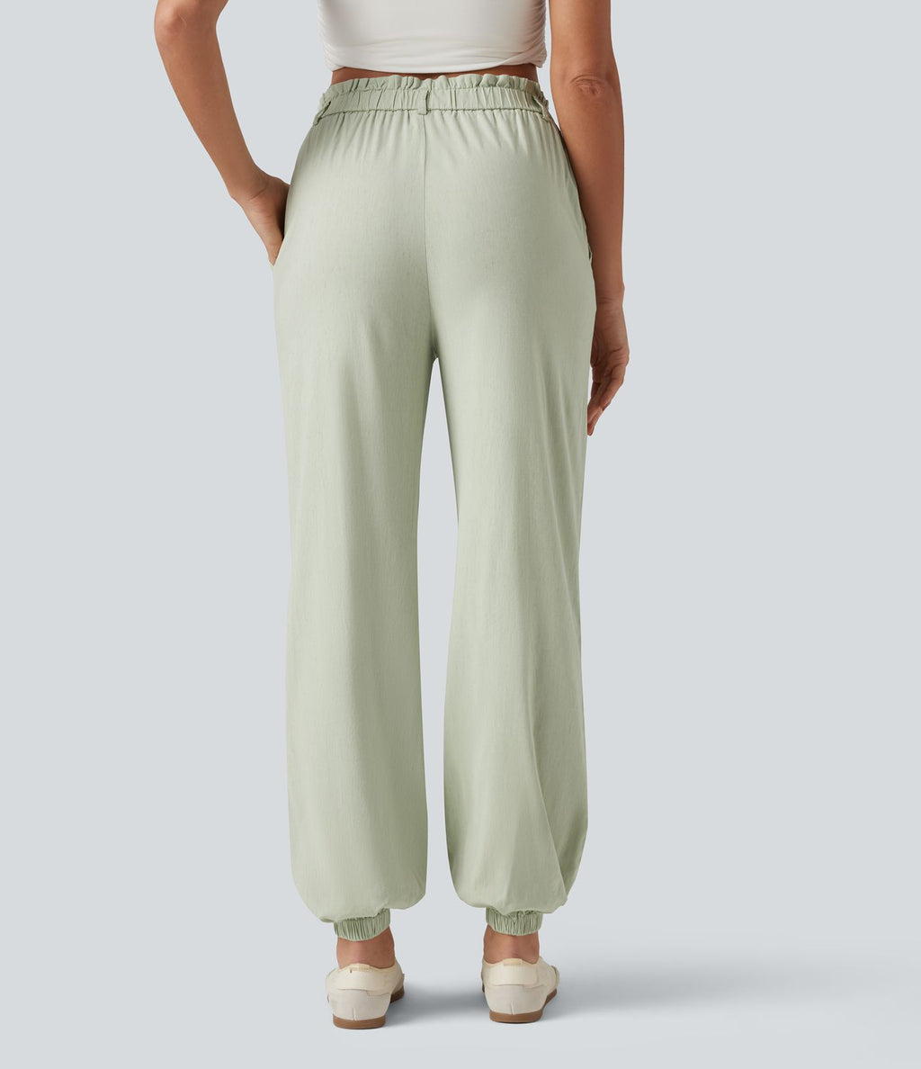 Pantalon jogging en lin stretch taille haute avec poches