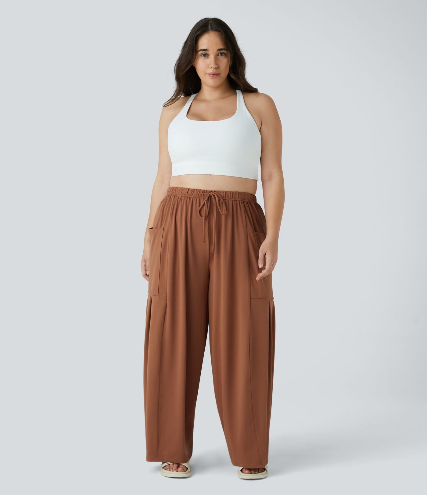 Pantalon Large Casual Taille Mi-Haute Taille Élastique Cordon Poches Latérales Ourlet Flottant Grande Taille