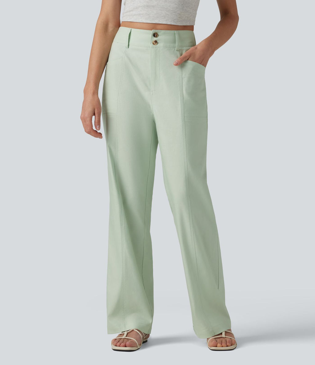 Pantalon droit décontracté en coton et lin taille haute avec poches