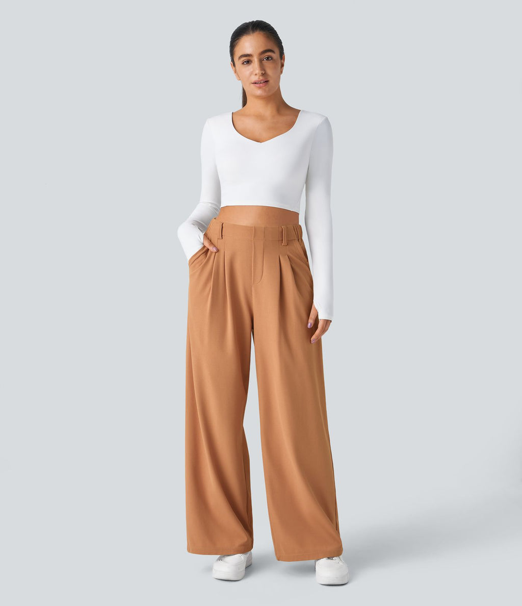 Pantalon Tailleur Large Fluide Halara Flex™ Gaufré Taille Haute Poches Latérales