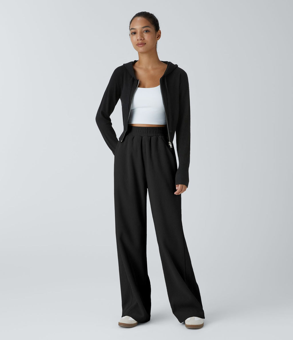 Pantalon velours côtelé de jogging décontracté à taille haute avec poches latérales
