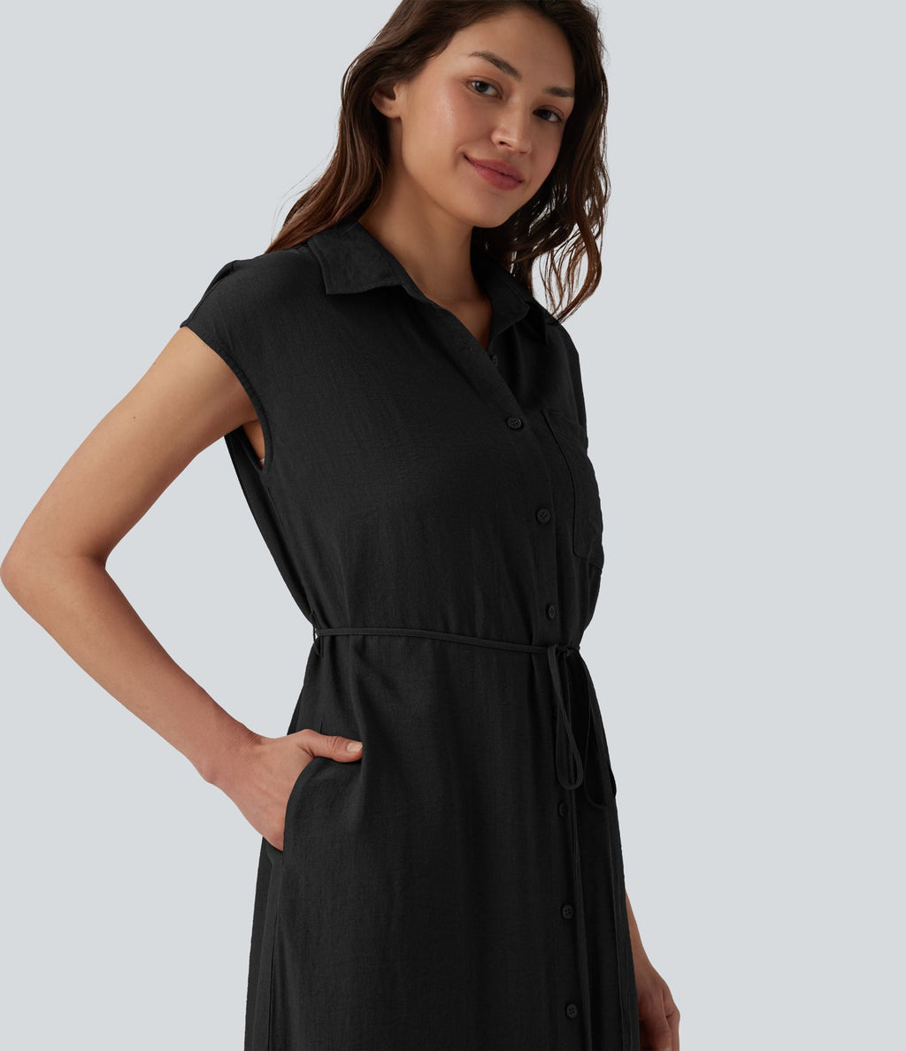Robe chemise casual mi-longue col manches courtes ceinturée ourlet arrondi avec fente et poches