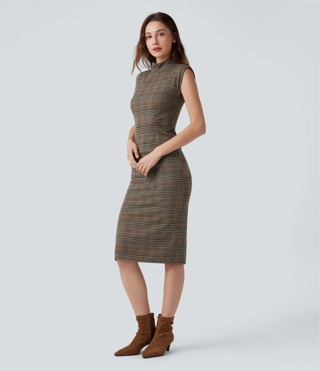 Robe de travail midi moulante sans manches col montant pied-de-poule à carreaux