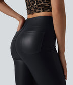 Pantalon décontracté taille haute, coupe bootcut, en PU extensible avec poches