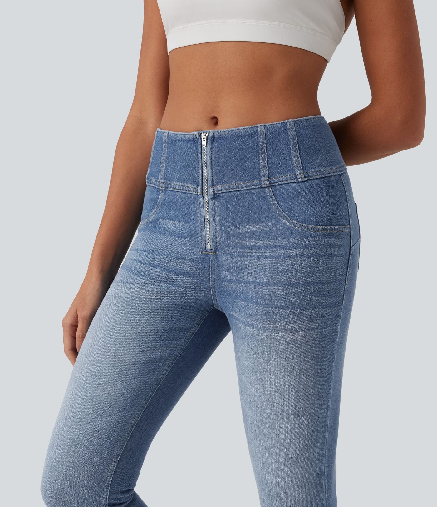 Jean Halara Flex™ skinny décontracté taille mi-haute zippé, effet ventre plat, avec poches