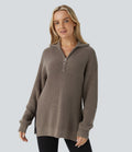 Pull décontracté à col montant, demi-fermeture éclair, manches longues et fente