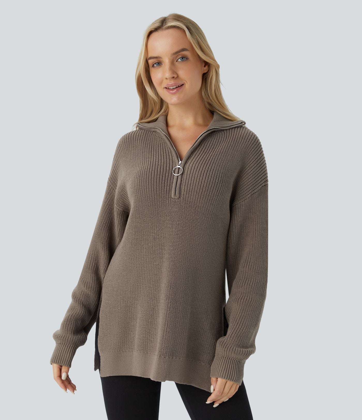 Pull décontracté à col montant, demi-fermeture éclair, manches longues et fente