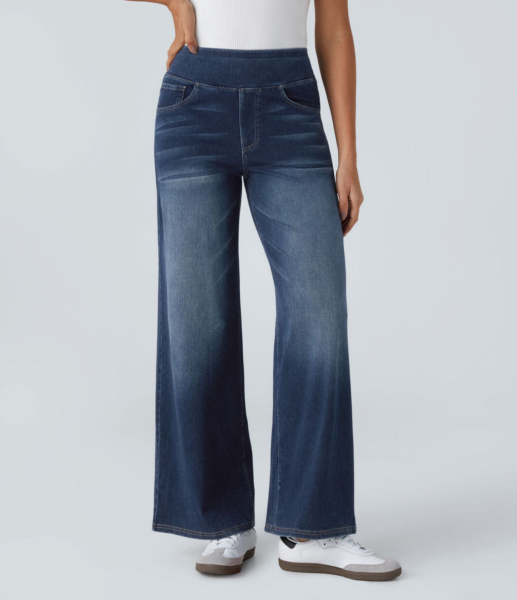Halara Flex™ Jean Large Casual Taille Haute Poches Multiples Tricot Extensible Délavé