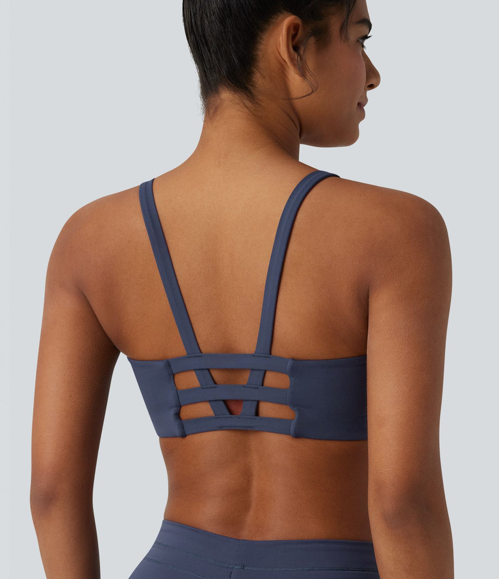 Brassière de sport yoga col U échancré color block imprimé lettrage avec brassière intégrée maintien léger