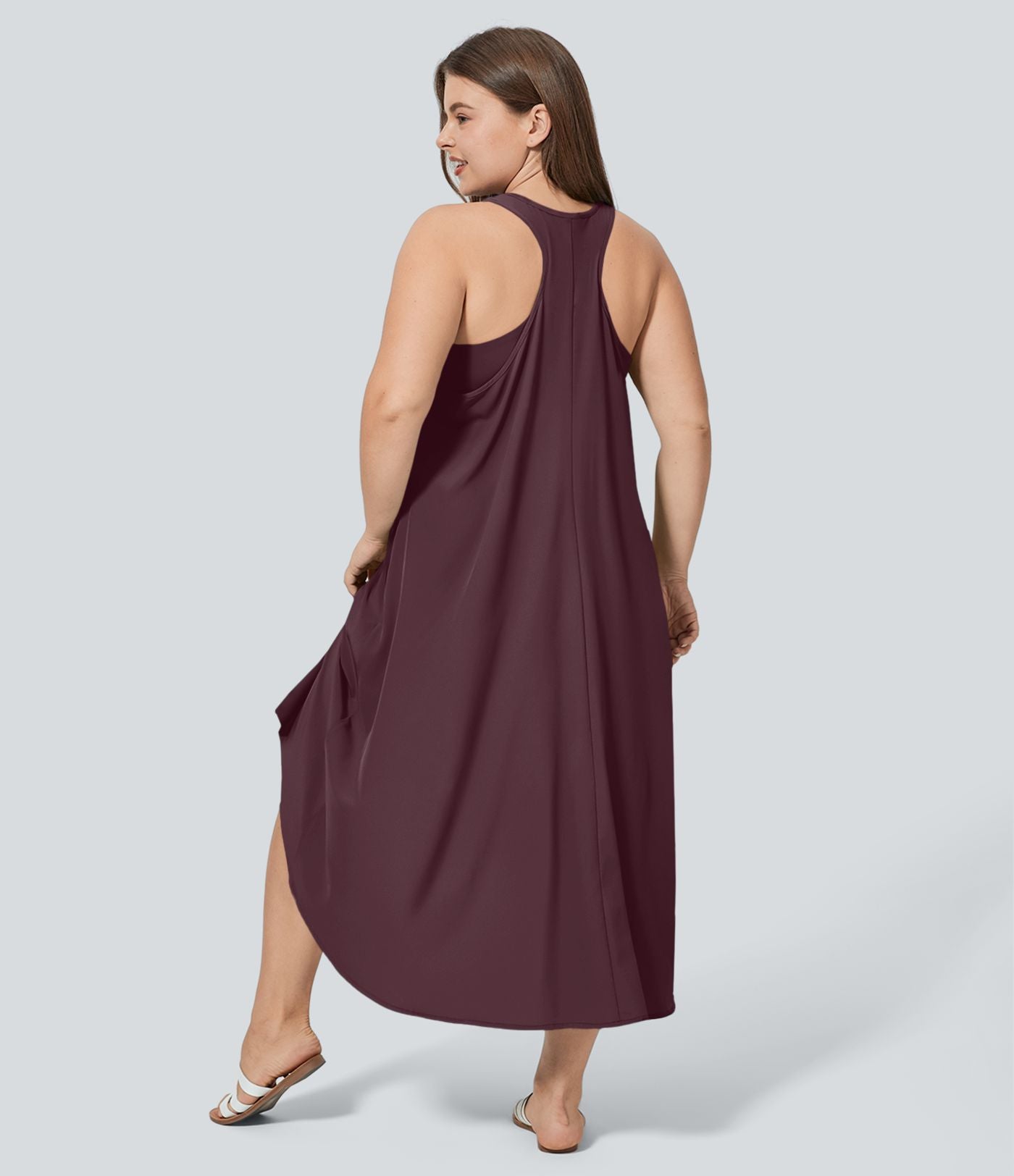 Breezeful™ Dos Nu Racerback Poche Latérale Haut Bas Fluide Midi Séchage Rapide Décontracté Robe Grande Taille