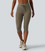 Legging yoga uni corsaire taille haute avec cordon de serrage et poches