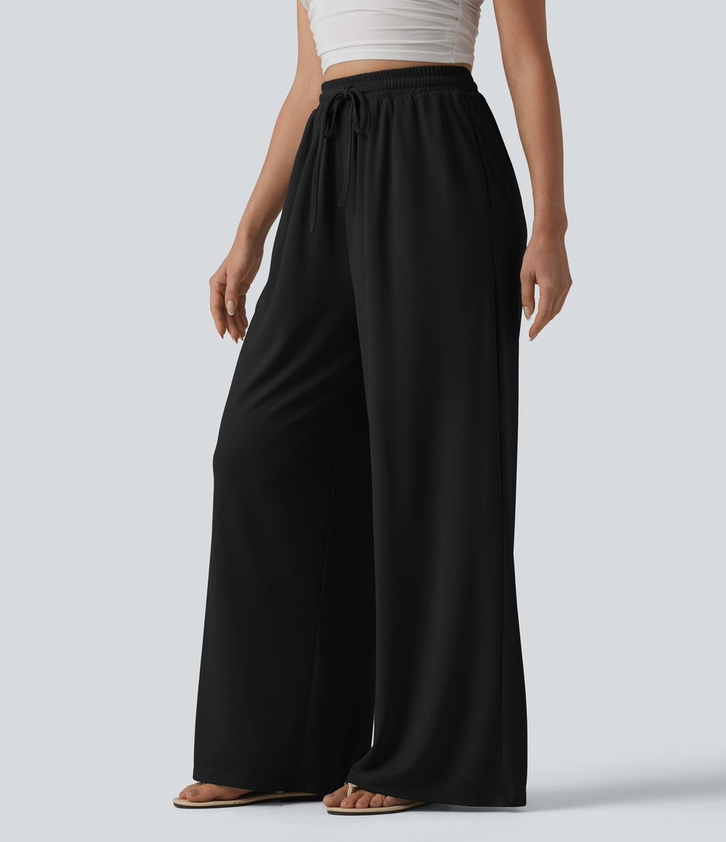 Pantalon large taille haute avec cordon de serrage et poches