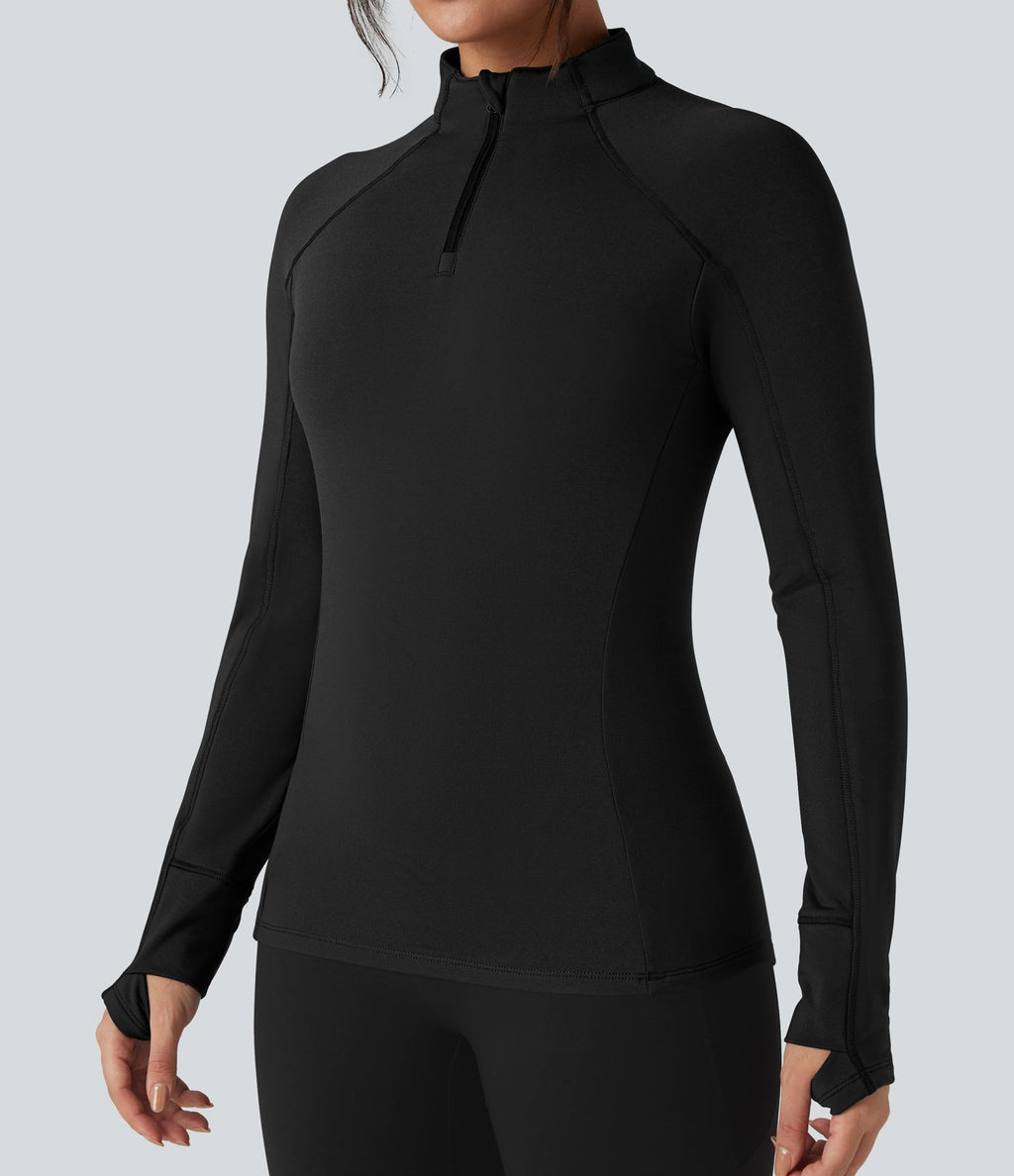 Top de sport randonnée polaire col montant demi-zip manches longues avec trous pouces