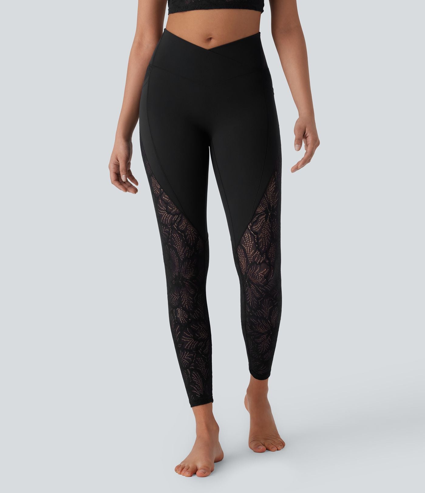 Legging de yoga 7/8 taille haute avec poches latérales, dos croisé et dentelle contrastante Softlyzero™-UPF50+