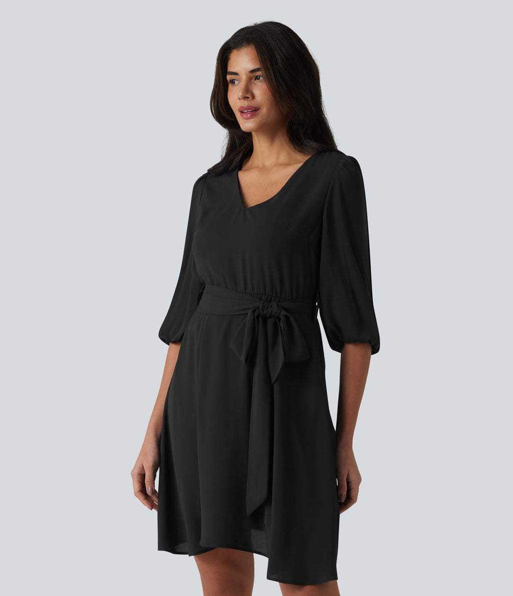 Robe courte casual col V à manches trois-quarts bouffantes, ceinturée