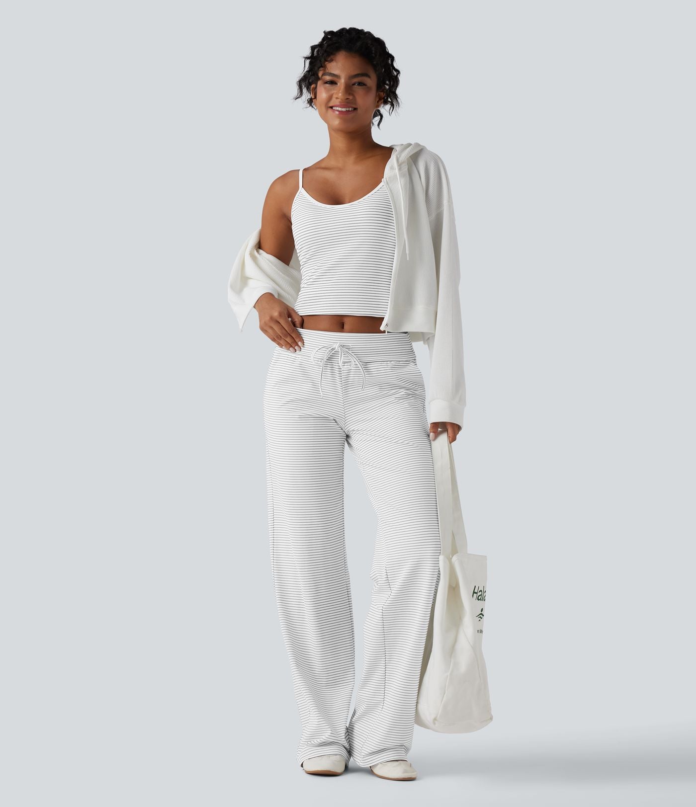 Pantalon décontracté droit à rayures taille basse repliable avec cordon de serrage et poches