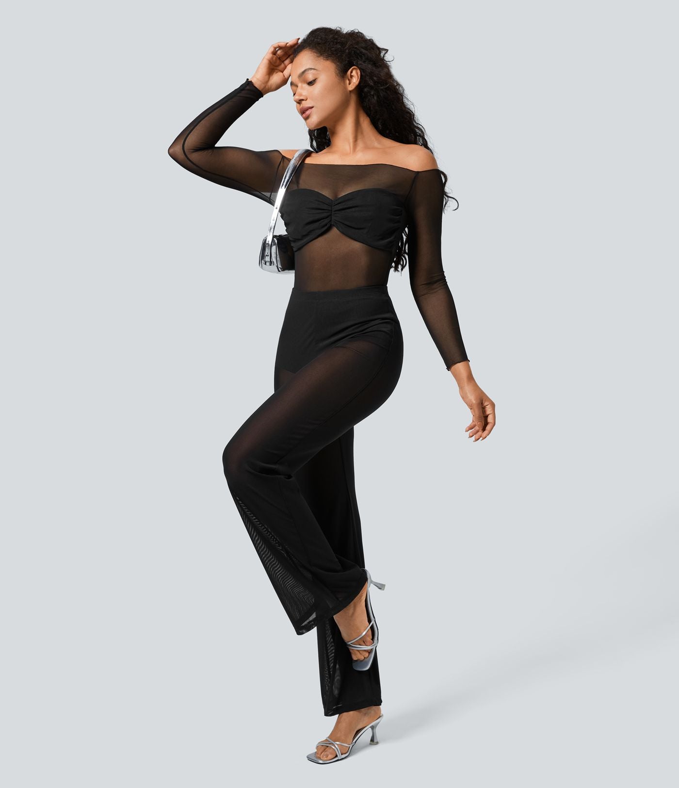 Pantalon Évasé de Danse 2 en 1 en Maille Transparente Taille Haute