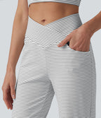 Pantalon de yoga droit taille haute croisée ventre plat à rayures avec poches
