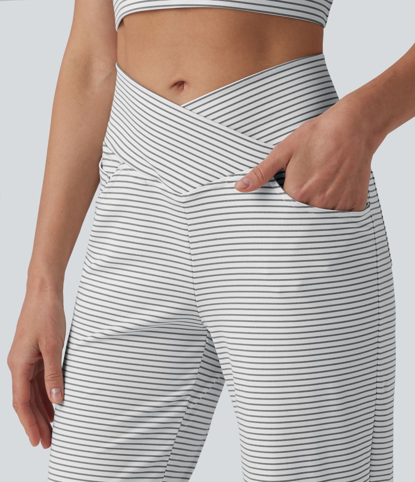 Pantalon de yoga droit taille haute croisée ventre plat à rayures avec poches