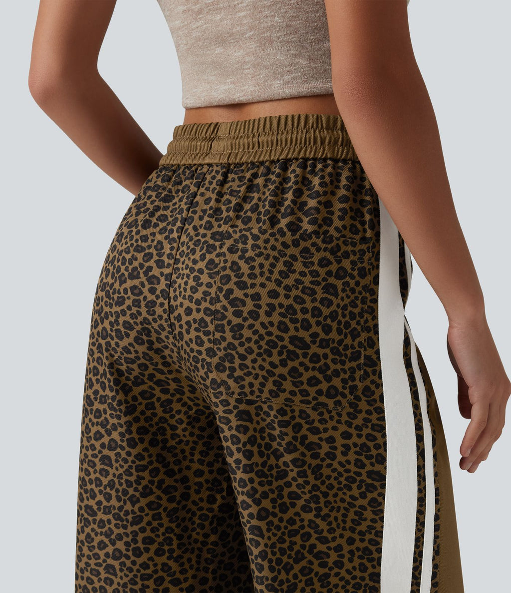 Pantalon ample décontracté taille mi-haute avec cordon de serrage color block rayures léopard contrastant avec poches