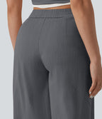 Pantalon casual taille mi-haute coupe tonneau aspect lin, avec poches
