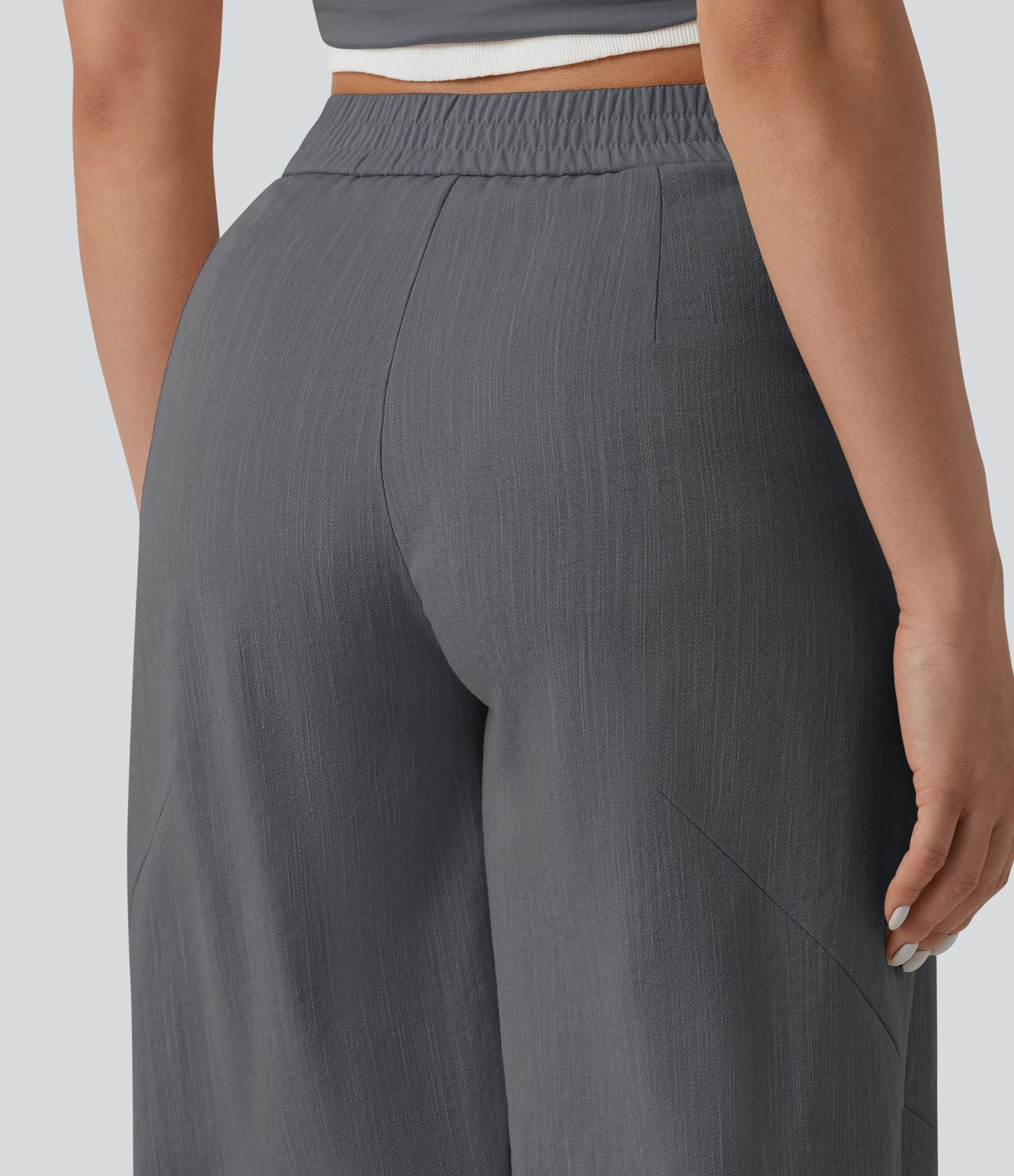 Pantalon casual taille mi-haute coupe tonneau aspect lin, avec poches