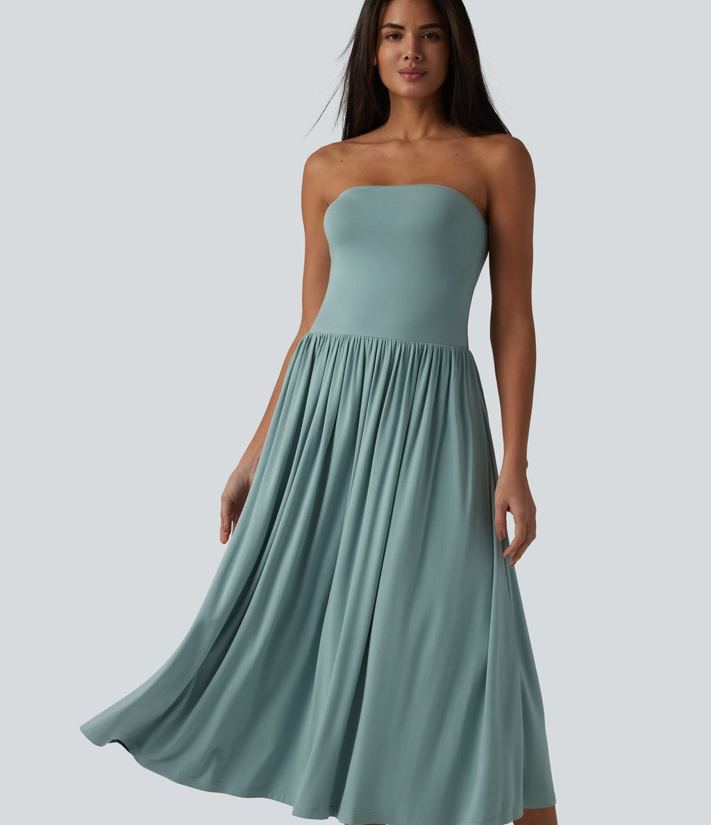 Robe midi casual bustier fluide avec détail froncé