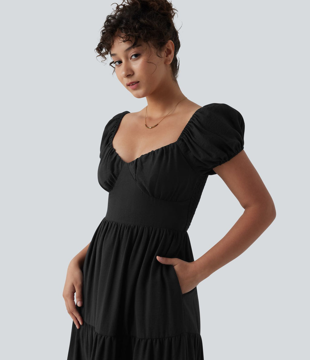 Robe midi décontractée à volants, col Queen Anne, manches bouffantes froncées et poches
