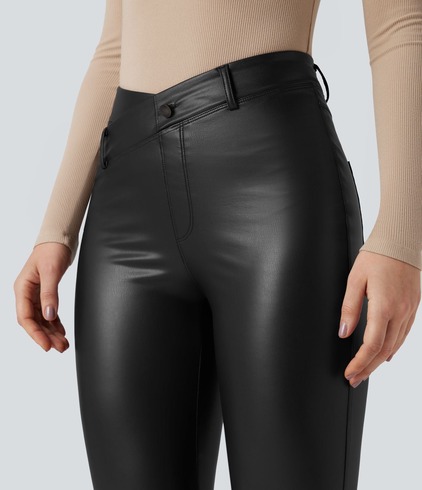 Pantalon évasé asymétrique polaire PU gainant extensible taille haute avec poches