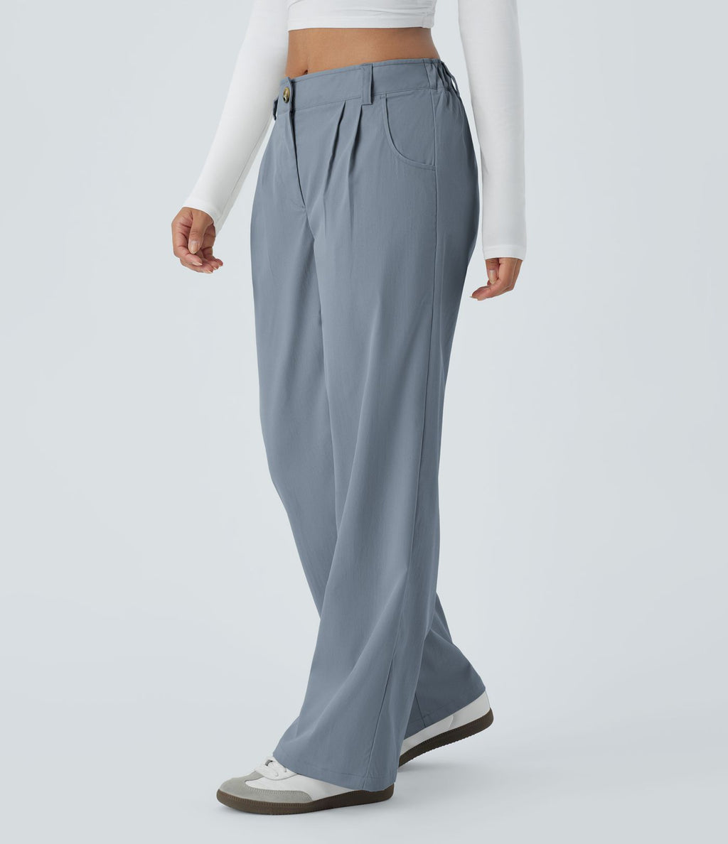 Pantalon décontracté droit taille moyenne à bouton, fermeture éclair et poches latérales