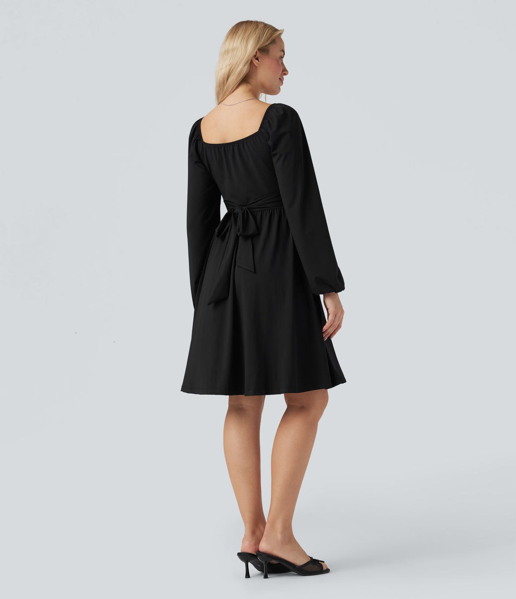 Robe décontractée mini décolleté carré manches longues laçage corset avec lien dos