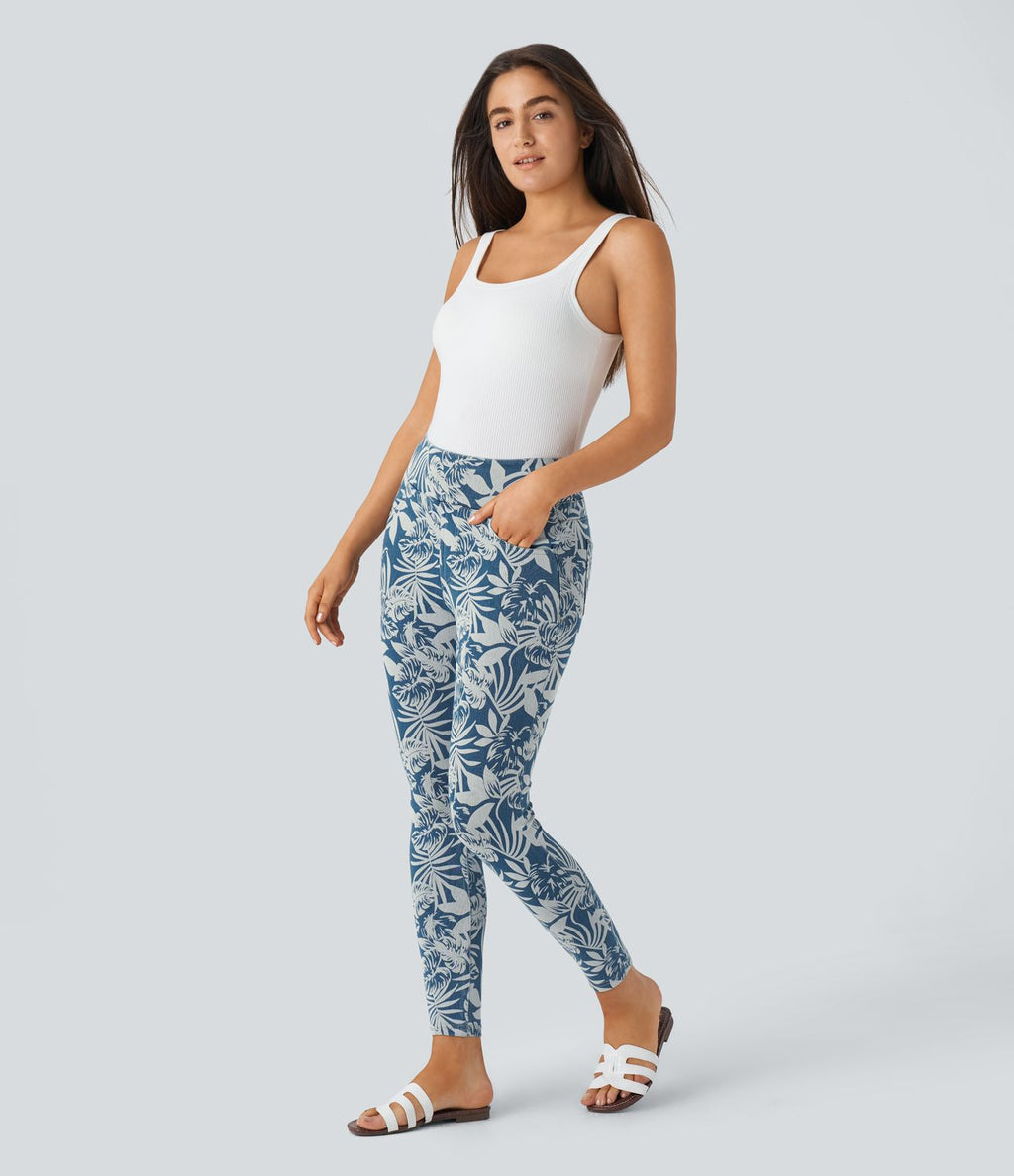 Halara Flex™ Leggings Casual en Denim Tricot Extensible à Taille Haute avec Imprimé Floral et Plusieurs Poches - 7/8