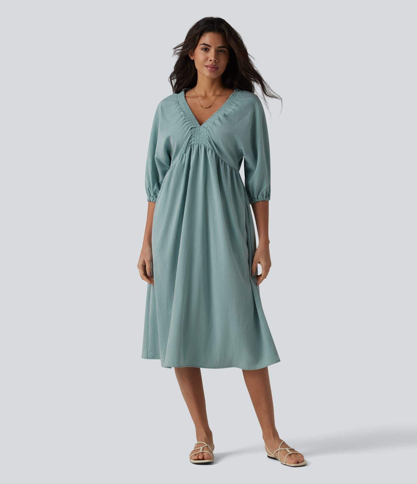 Robe midi casual col V à manches trois-quarts aspect lin, avec poches