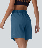 Short de yoga plissé taille haute avec ceinture élastique, cordon de serrage et poches 17,5 cm