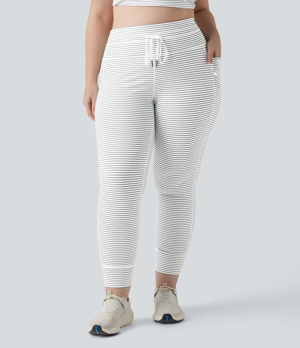 Legging yoga grande taille taille haute avec cordon de serrage à rayures avec poches