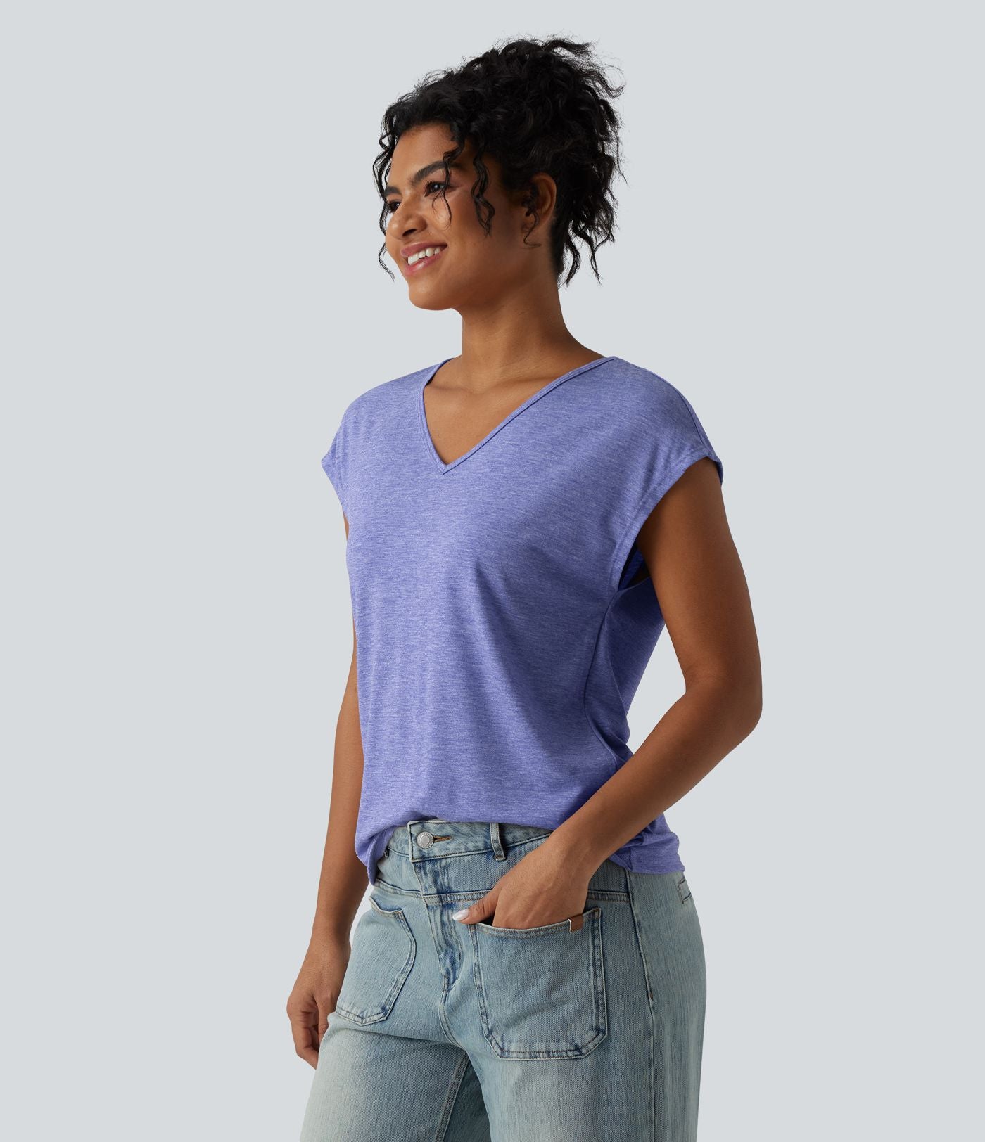 T-shirt décontracté chiné ample à manches courtes et col V