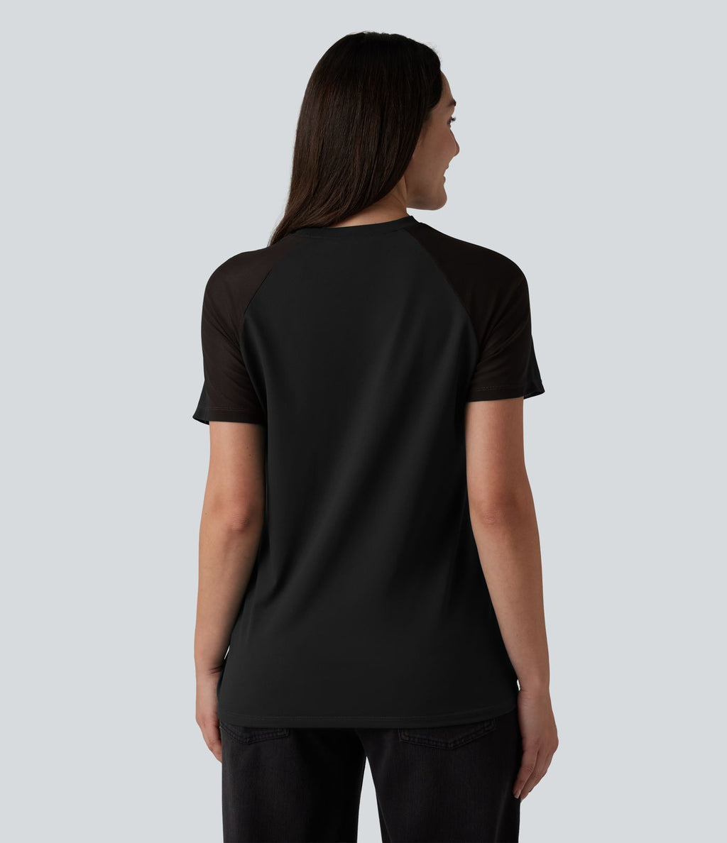 Blouse décontractée col rond manches raglan courtes avec empiècement en mesh contrasté