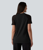 Blouse décontractée col rond manches raglan courtes avec empiècement en mesh contrasté