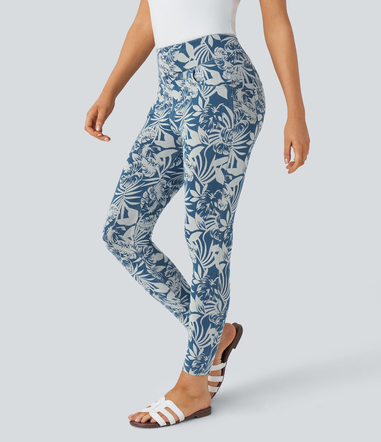 Halara Flex™ Leggings Casual en Denim Tricot Extensible à Taille Haute avec Imprimé Floral et Plusieurs Poches - 7/8